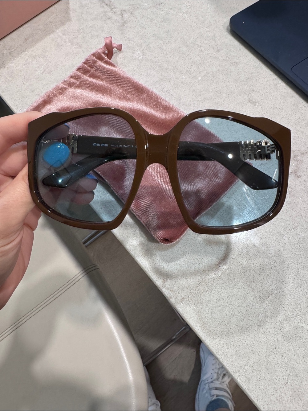 Miu Miu Brown Square Oversized Sunglasses with Blue Tint